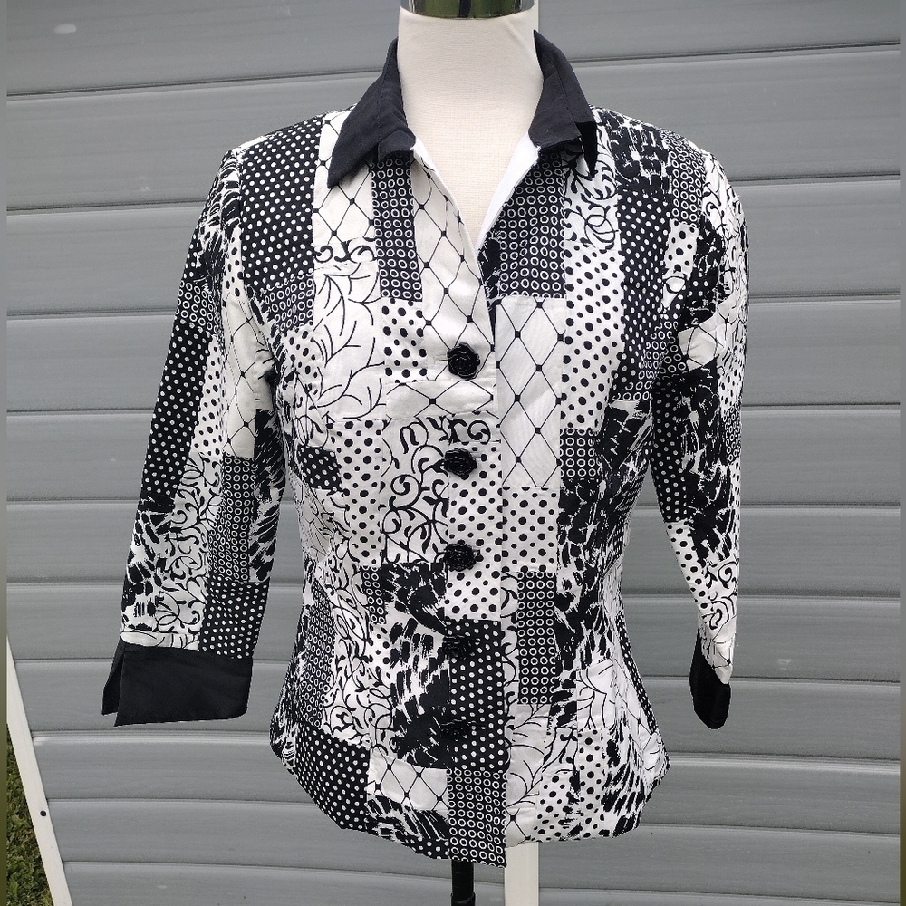 Marisa Baratelli Black & White Patchwork Button-Up Shirt Size 8 Thai Silk